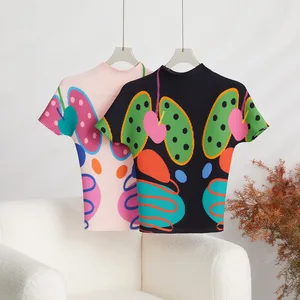 High Quality Miyake Pleated Top Ladies Summer Short-Sleeved Stretch Shirt Casual Style Printed Portrait T-Shirt