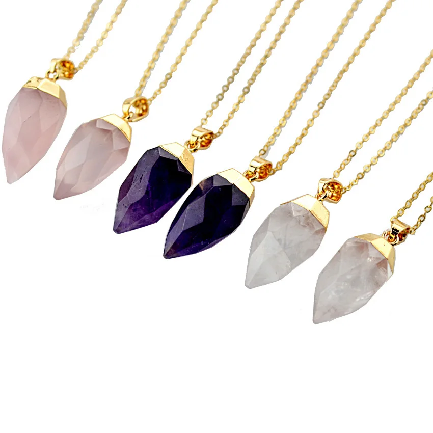 Crystal Gold Plated Long Chain Necklace Rose Quartz Pendant Natural Stone 