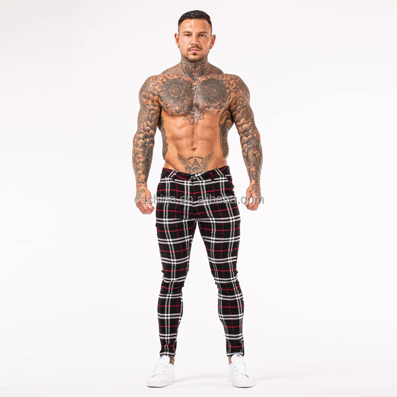 Men s Stretch Pantaloon Dress Pants Slim Fit Plaid Print Pencil Skinny 