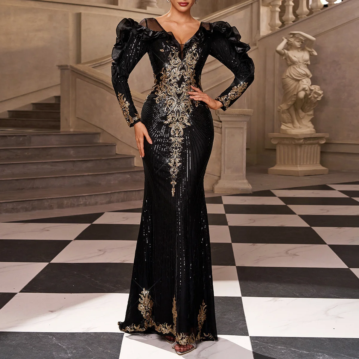 Sleeveless One Shoulder Long Evening Sequin Dress Black