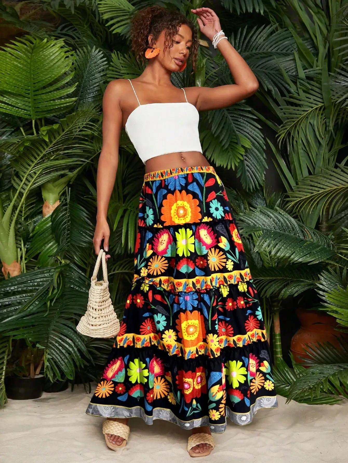 Floral Print Ruffle Hem Boho Maxi Skirt Vibrant Multicolor Summer