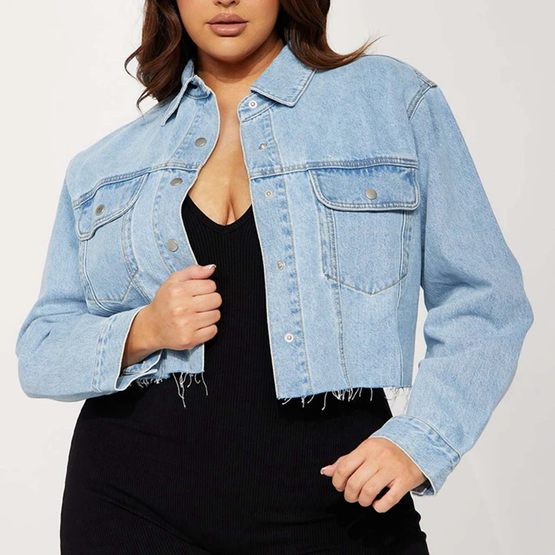 Channel Casual Basic Long Sleeve Button Down Frayed Hem Crop Top Denim Jacket for Women