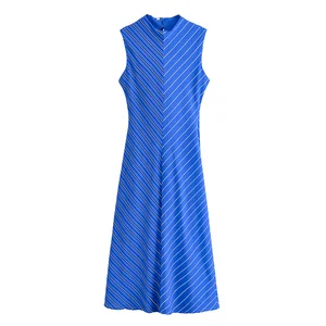 Women's Blue Striped Print Sleeveless Casual Fashion Maxi Dress Breathable Crew Neck Summer Long Dress with Natural Waistline