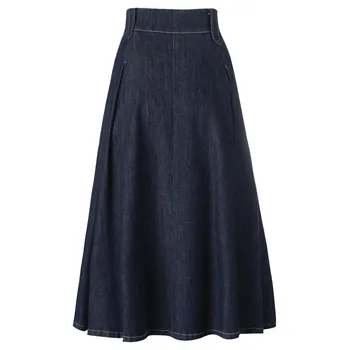 2022 New Fashion Clothing Women Elastic Waist Flared Midi Pleated Skirt A-line Soft Denim Long Skirt For Autumn And Winter