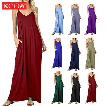 Amazon Spring Summer Ladies Solid Color Pocket Sleeveless Long Maxi Casual Dresses For Women
