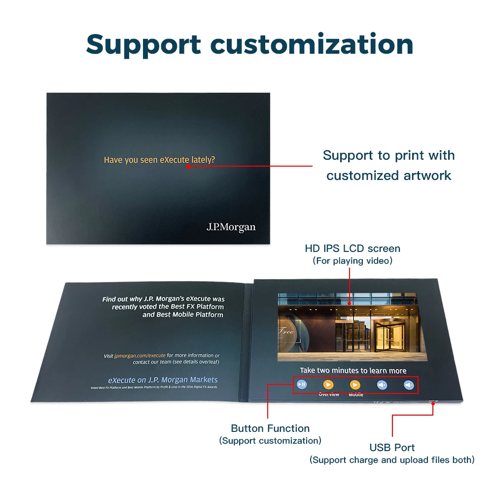 Custom Logos Video Invitations Book Lcd Business Card Gift Screen Mp4 Player Video Album Greeting Business Video Brochure