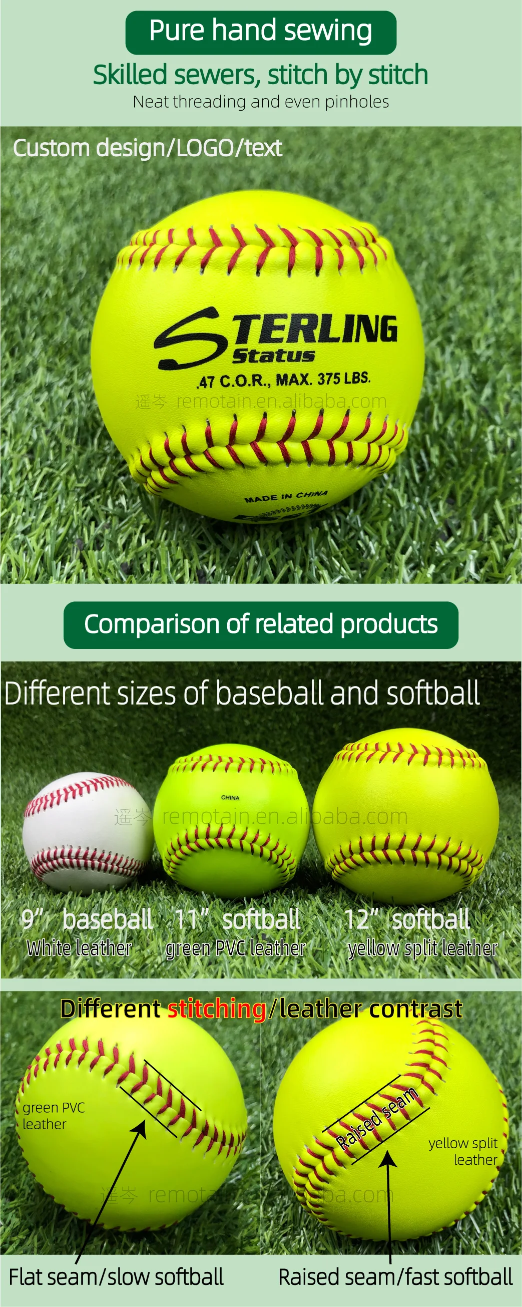 Custom Logo Professional Softball 12 Inch Pu&cork Core Yellow Split