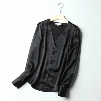 CS933 New Arrival Fashion V Neck Faux Silk Long Sleeve Blouse Women Black white Color Elegant Shirts Blouses Tops