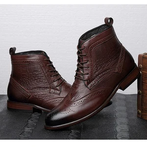 Handcrafted Men's Brogue Ankle Boots Genuine Leather Upper Plus Size Fleece Winter Boots