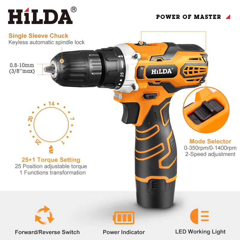 HiLDA 12V Cordless Drill with 21 Pcs Drill Set, 1300mAh Lithium
