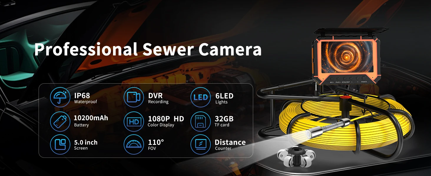 10200mAh Sewer Camera DVR 32GB&Meter Counter 1080P IP68 Pipe Camera With 23mm HD Lens Drain Camera 5inch Monitor 10m/20m/30m/40m/50M Optional factory