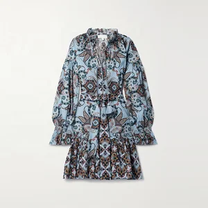 Clothing Manufacturer Custom Spring Autumn Long Sleeve Poppy Ribbon Printed Cotton Women Elegant Casual Mini Dress