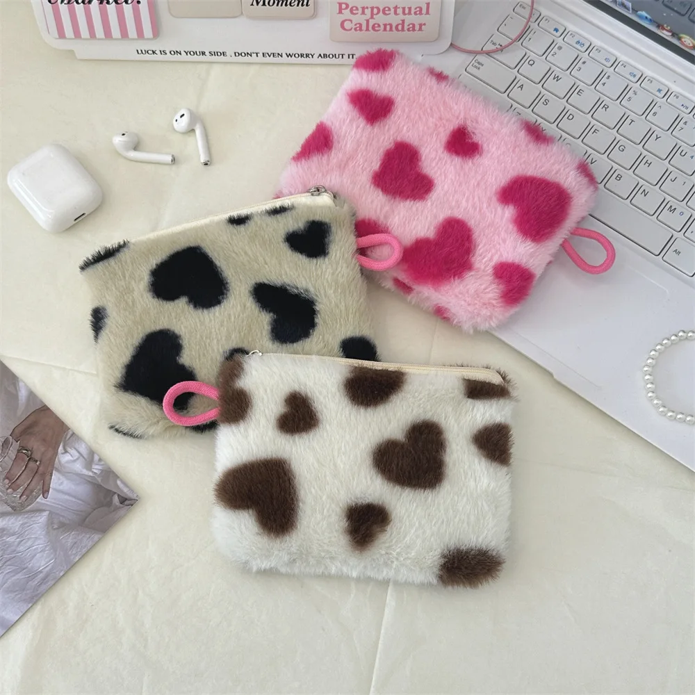 Sherpa Coin Purse Leopard Stripe Love Heart Polar Fleece Travel Portable Handle Plush Cosmeti, Custom Logo & OEM/ODM Welcome