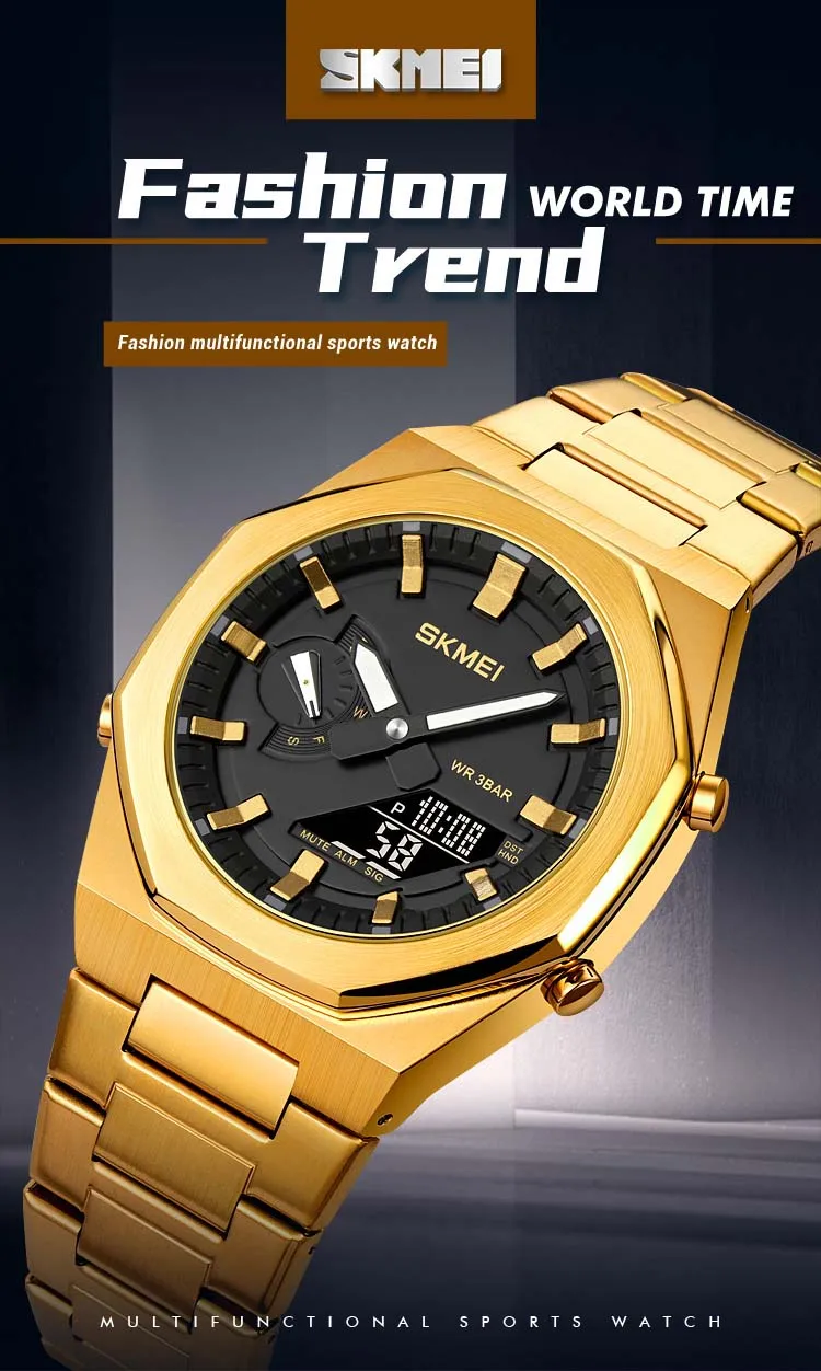 Skmei 1816 Fashion World Man Quartz Watch Costume Stainless Steel Band Double Display Chronograph Character Casual Watch Set