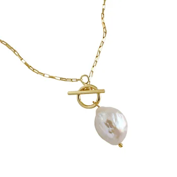 Qimei New Dainty Design 925 Sterling Silver Toggle Clips Link Chain Irregular Geometric Baroque Freshwater Pearl Necklace