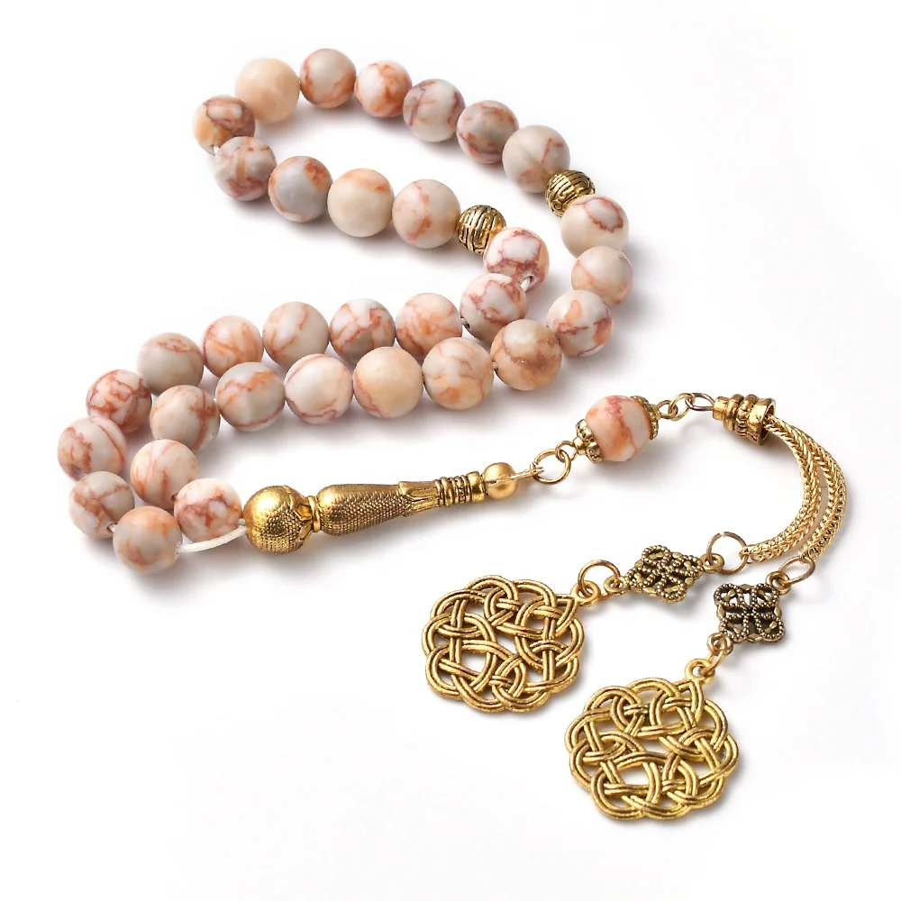 YS385 Islamic Prayer Beads 33 Gold Prayer Beaded Gold Tasbih Tesbih  Gemstone Tasbeeh 33 Beads 10mm Feelings Natural Stone Rosary