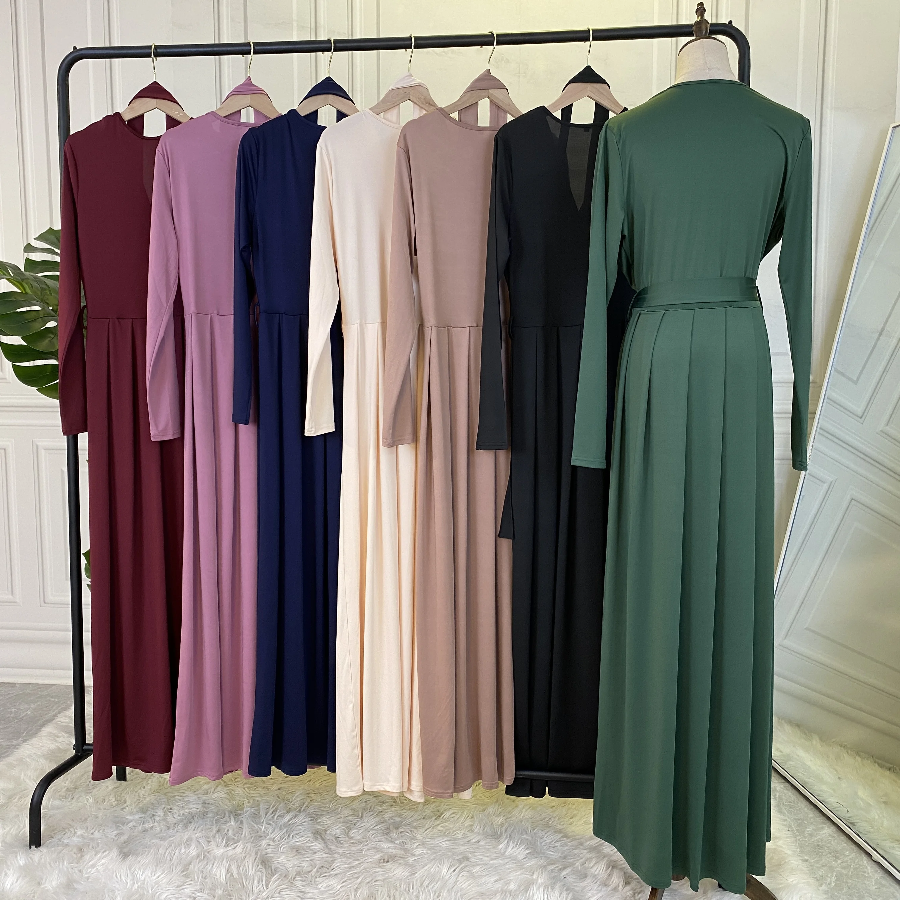 6421# Dubai Latest Modest Daily Inner Dress Wholesale Ready to Ship Pleated  Design Colors Long Dresses Muslim Abaya 2021