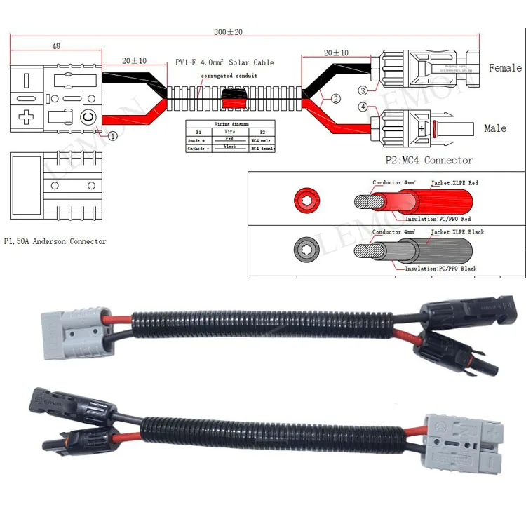 Solar Panel Charging Kit 50A Solar Battery Connector 1*4mm2 Battery Solar Panel Cable