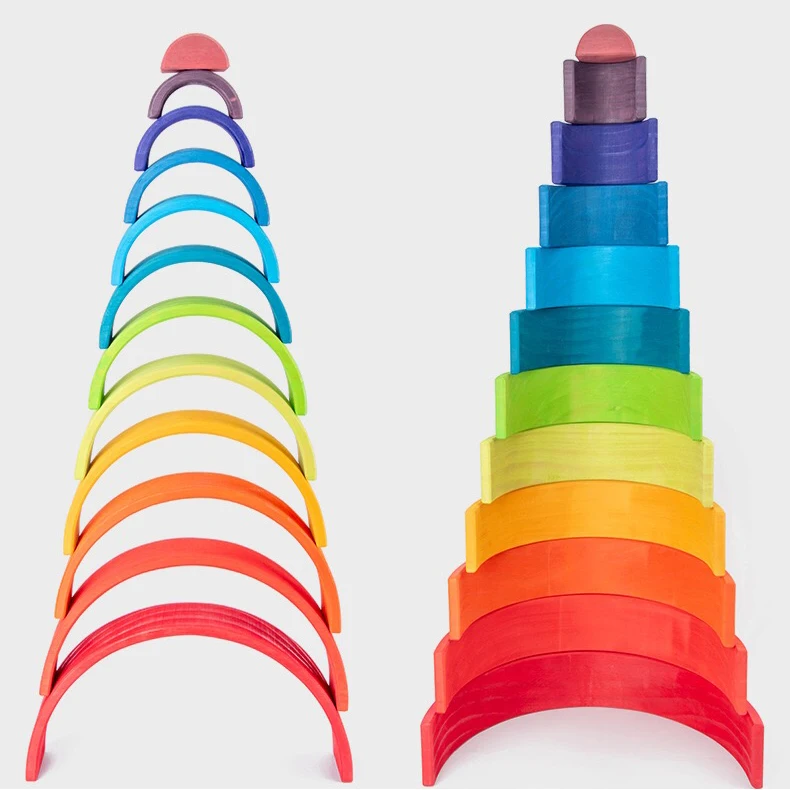12 pcs Wooden Rainbow Stacker Nesting Puzzle Blocks    Educational Toy 