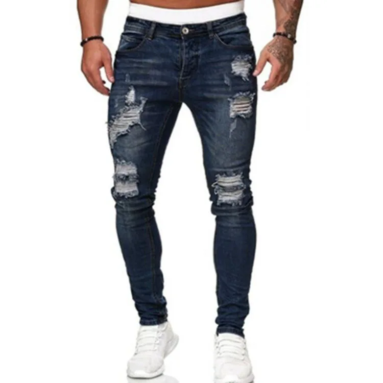 Men's Jeans Cool Ripped Skinny Trousers Stretch Slim Denim Pants Large Size Hip Hop Black Blue Casual Jogging Jeans for Men
