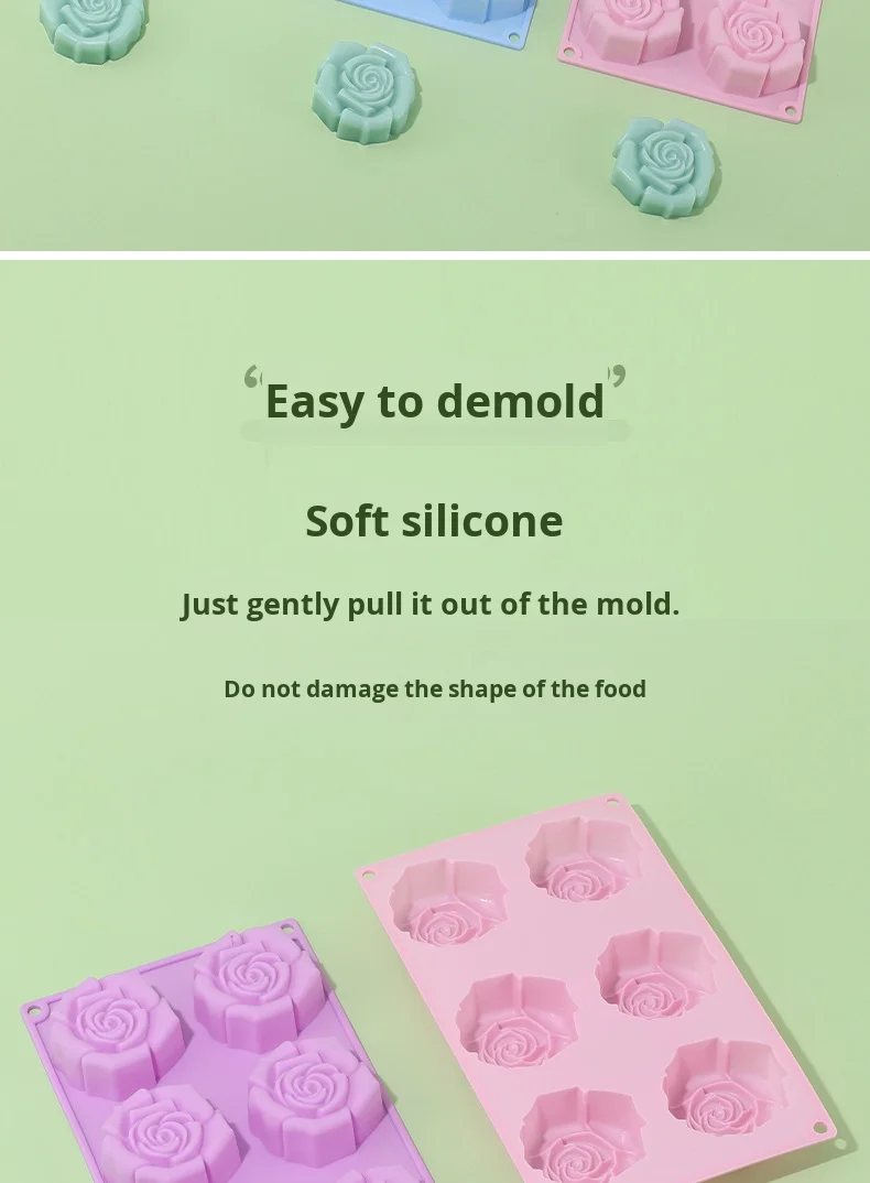 Silicone 6-hole 3D Rose Flower Cake Mold for Pudding & Jelly Reusable Non-Stick DIY Handmade Soap Mold manufacture