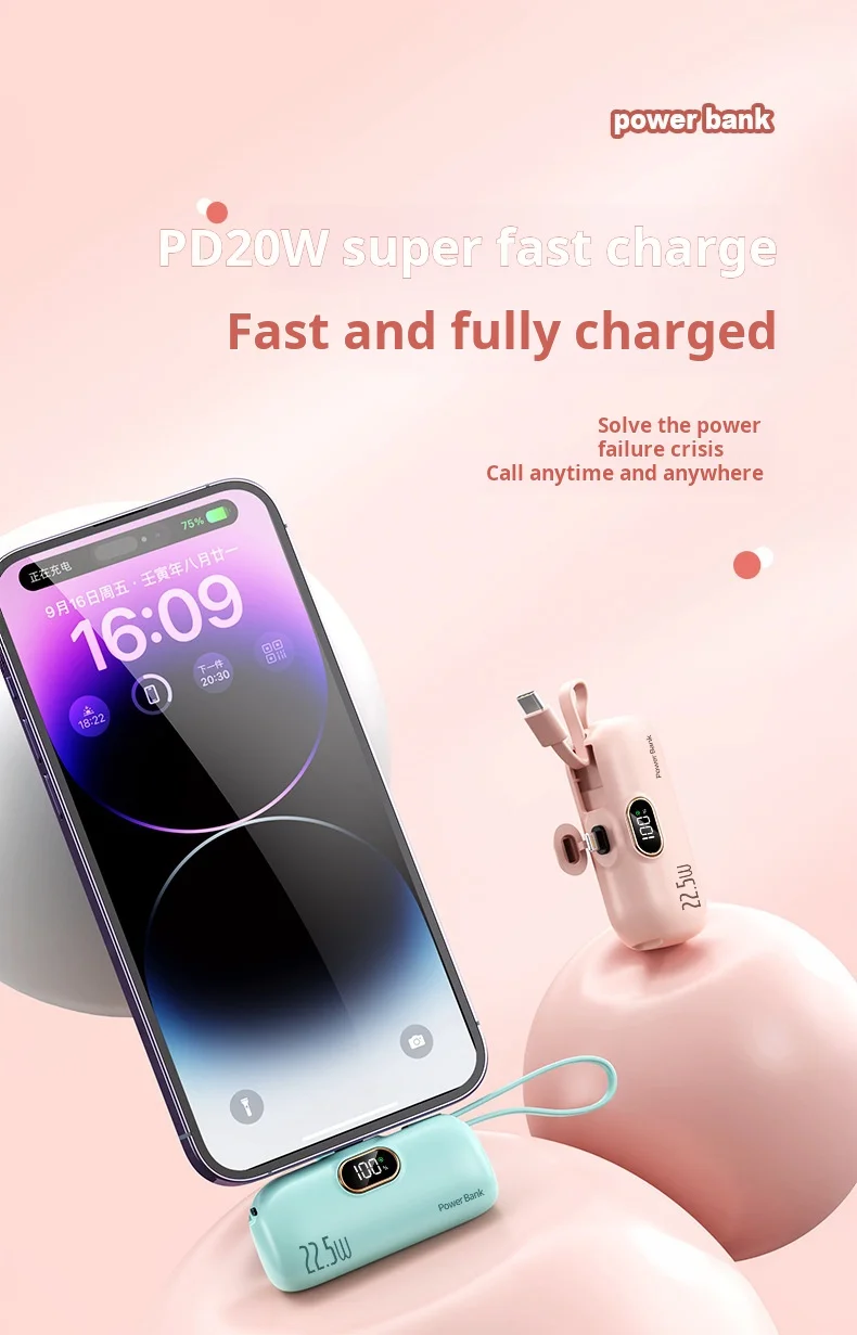 2024 New Design Mini Capsule Powerbanks 22.5w Super Fast Charge 2in1 5000mah 10000mah Large Capacity Portable Power Bank