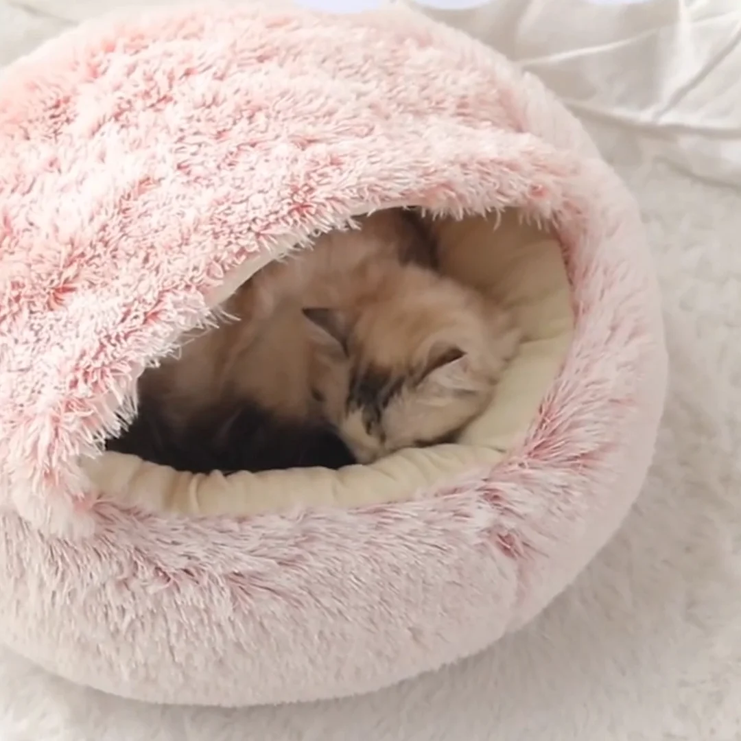 Winter Long Plush Cat Bed Round Pet House Cushion Cat House Warm Kitty