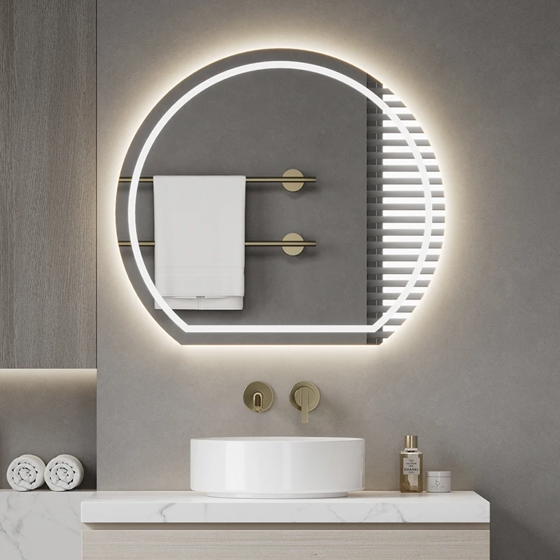 Espejo antiniebla con control de pantalla táctil, luz LED de tres colores ajustable, espejo inteligente de baño semicircular