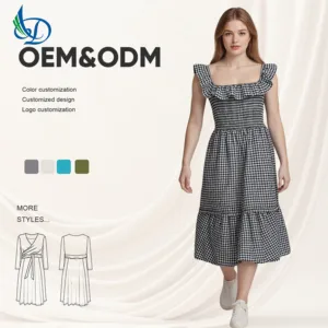 Summer Sleeveless Patchwork Dress with European and American Checkered Printed Solid Color Natural Waistline ODM Supply