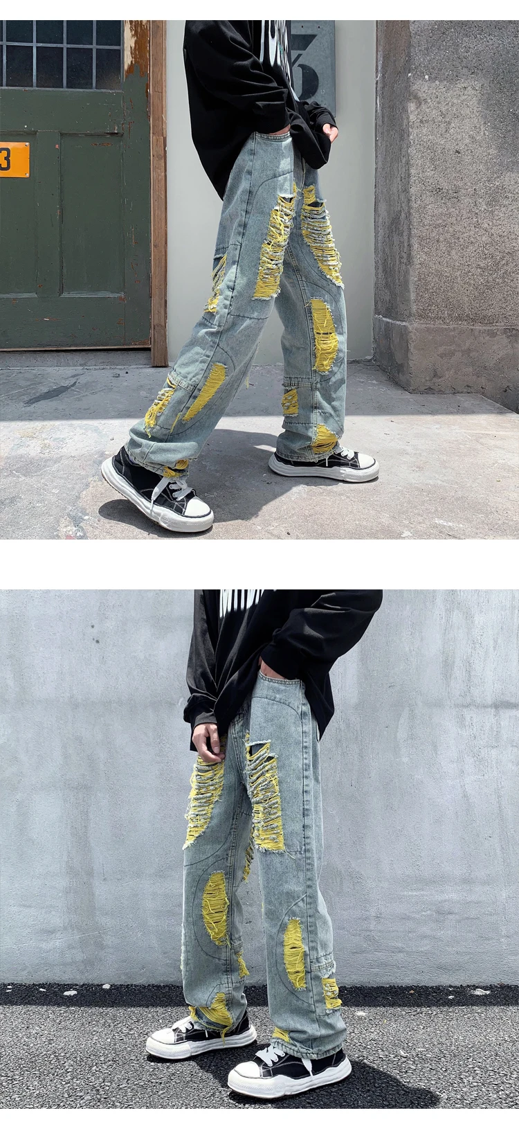 Men's Streetwear Hiphop Patchwork Embroidered Tassel Jeans Stacked Distressed Ripped Vintage