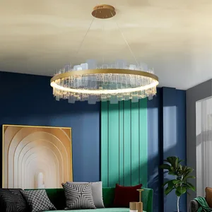 Modern Contemporary Acrylic Iron Round Middle Size Golden LED Dimmable Living Room Dining Chandelier Hanging Pendant Lamp