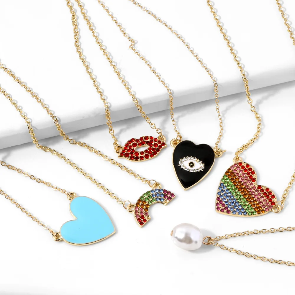 New Arrivals Full Crystal Red Lip Rainbow Heart Necklace Dripping Oil Eye Pendant Necklaces For Women Jewelry Buy Rainbow Necklace Dripping Necklace Pendant Necklace For Women Product On Alibaba Com