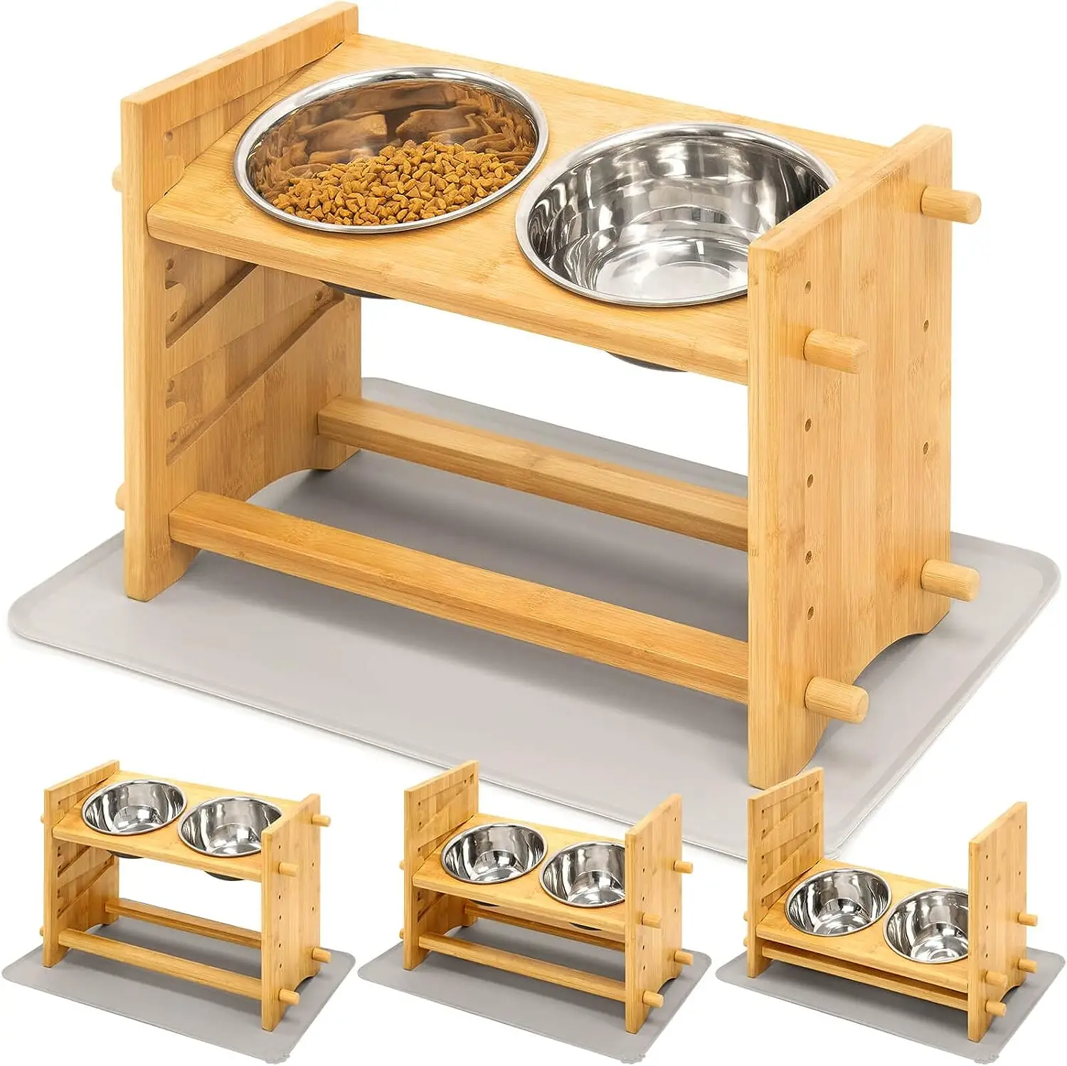 Adjustable Bamboo Pet Feeder with 2 500ml Stainless Steel Bowls Anti-Slip Elevated Food Stand for Dogs