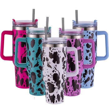 USA Warehouse RTS 40 OZ Sport Tumbler Sublimation Blanks H1.0 Milk Cow Pattern 3D Print  Handle Stainless Steel Travel Mug Cup