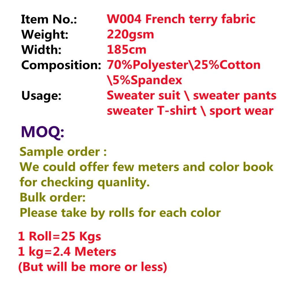 W004-5Cheap оптовая продажа чесаный хлопок Терри Вязать полиэстер спандекс свитер ткани
