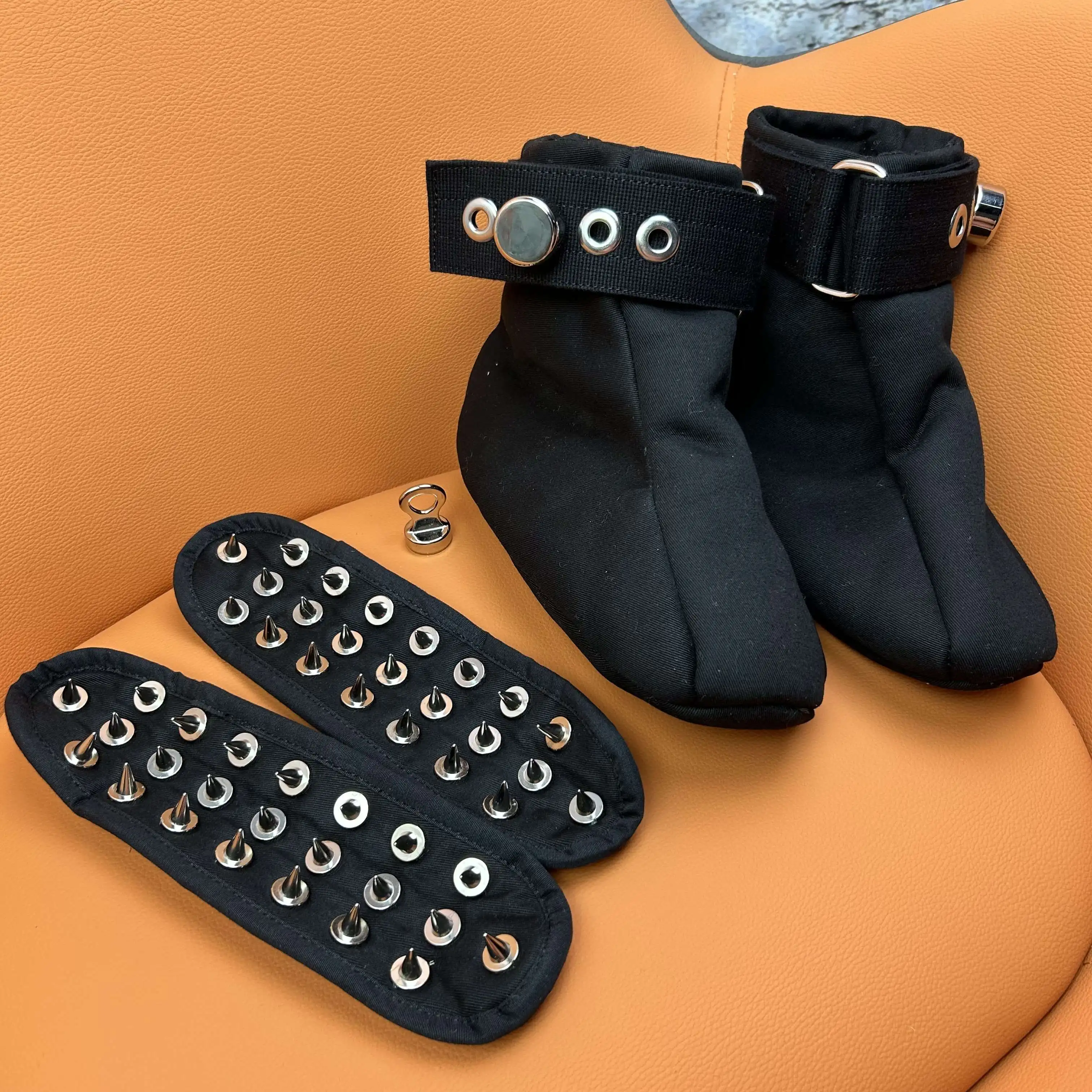 Adult Restraining Booties with Spikes Rivet Insoles and Buckle ABDL Punishment Foot Bondage Lockable Shoes for Crawling Habit