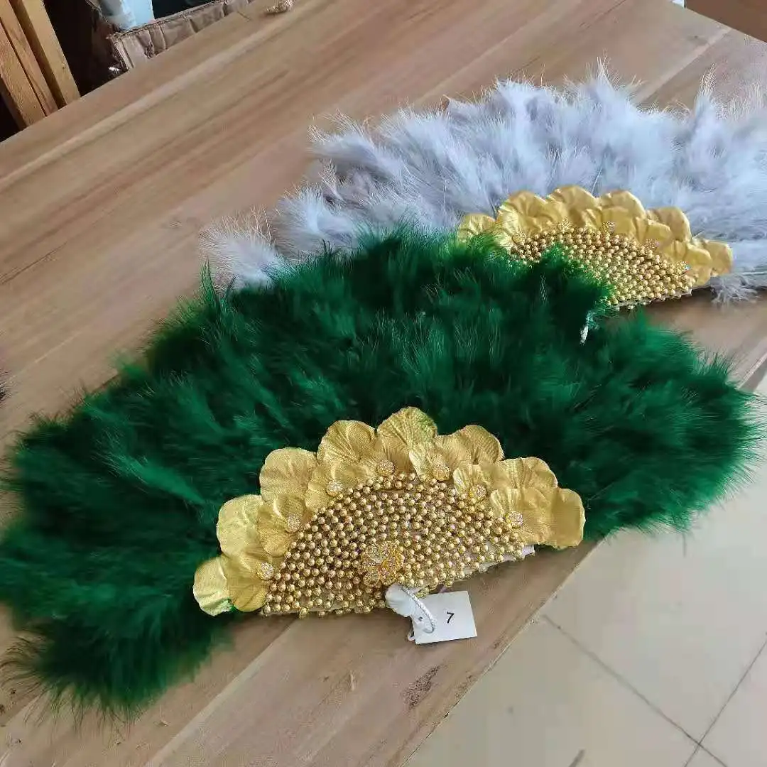 IE Cheap Custom African Traditional Weeding Turkey Large Feather Hand Fans Bride Decorations Bridal Fold Fans Feather