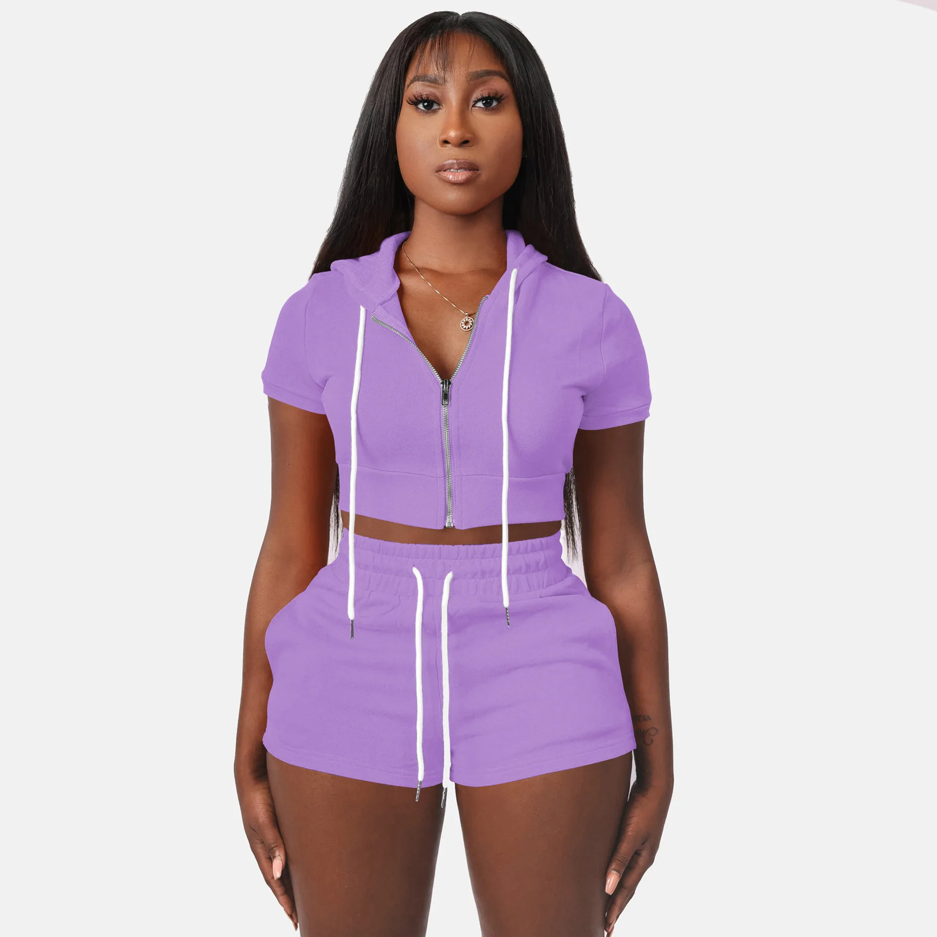 10 Colors XS-XL Summer Short Set Woman Clothing Crop Hoodie and