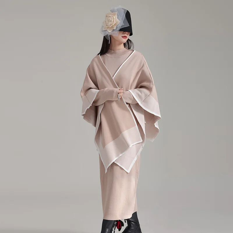 Eco-Friendly Winter Two-Piece Set New Cape Shawl Jacket and Knit Dress With  Matching Scarf Woven Technique Eco-friendly Winter Two-Piece Set - Cape Shawl Jacket \u0026 Knit Dress