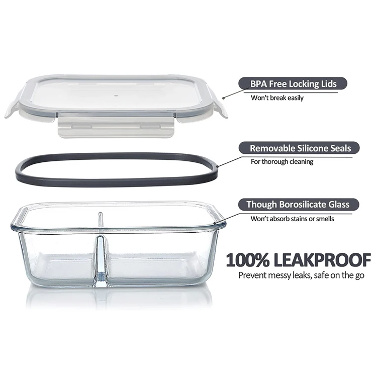 Glass food storage box 570 ml, with 2 separate compartments