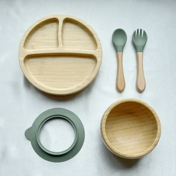 New Solid Wooden Babies Kids Tableware Custom Logo Sun Shape Bamboo Baby Bowls Set With Suction And Spoon