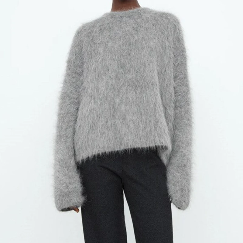 OEM Custom logo Design Pullover Crew Neck Knit Stretch Women Men Long Hairy Knitted Fuzzy Chunky Blend Alpaca Wool Sweater