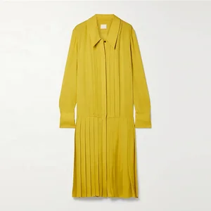 Clothing Manufacturer Custom Spring Yellow Polo Collar Long Sleeve Single Breasted Elegant Casual Women Pleated Shirt Dress