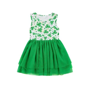 Customizable Summer New Style Patrick's Day Clover Printed Girls Dresses Casual Sleeveless Tutu Skirt Princess Dresses