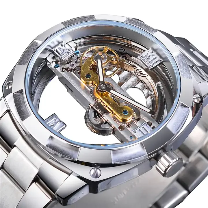 Winner GMT1165 Mechanical Skeleton Automatic Watch Men Transparent Design Stainless Steel Strap Wristwatches for Men Relojes