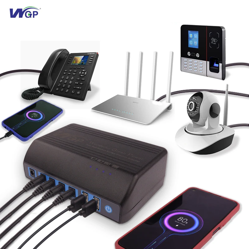 WGP Rechargeable 18650 Battery Multiple Outputs USB DC 12V Power Bank for Fiber Router Modem Mobile Phone DVR Digital Camera