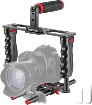 NEEWER Camera Video Cage Film Movie Making Kit, Aluminum Alloy with Top Handle, Dual Hand Grip, Two 15mm Rods, Compatible with
