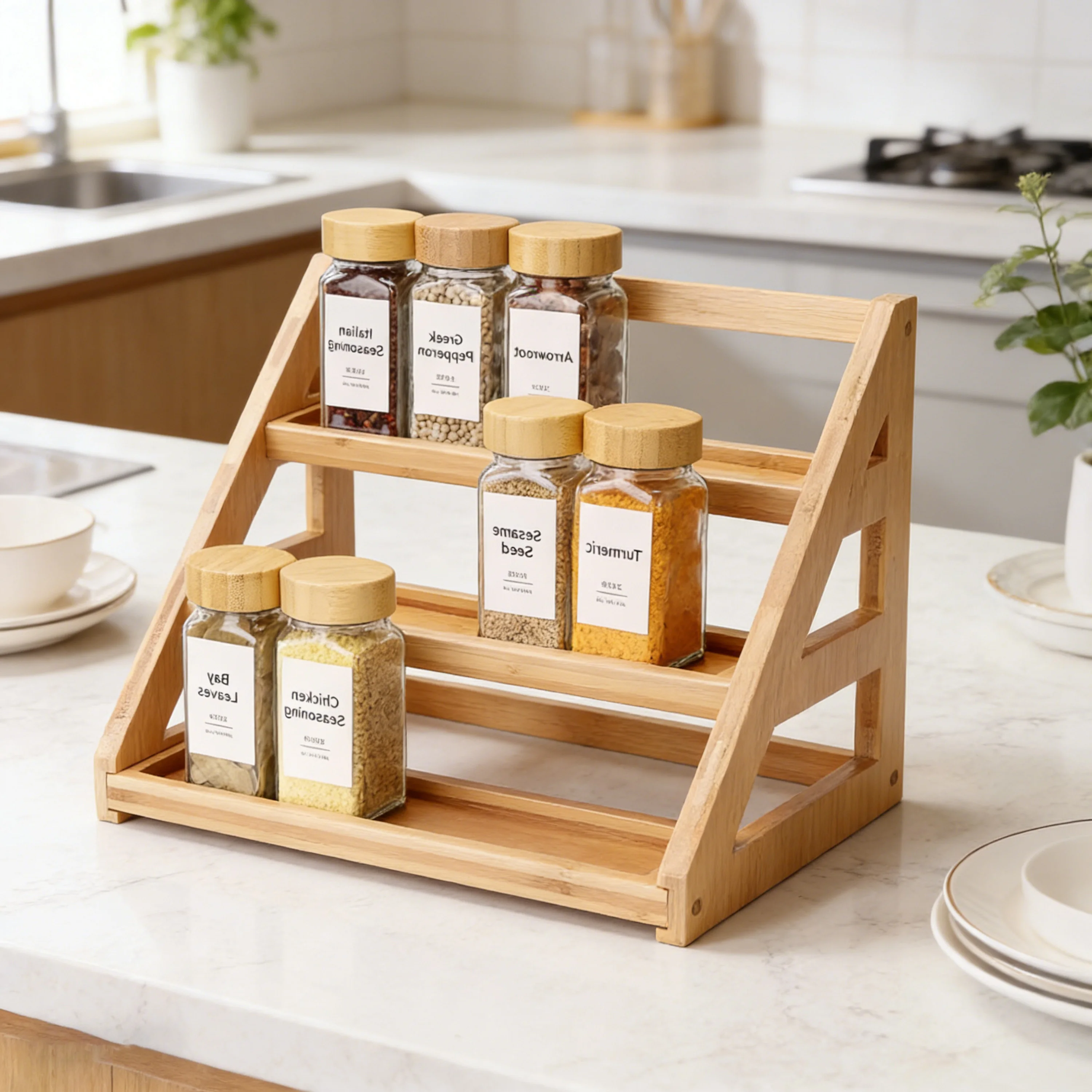 3-Tier Bamboo Spice Rack Spice Holder Countertop Seasoning Organizer Storage Shelf for Kitchen Jars & Condiments