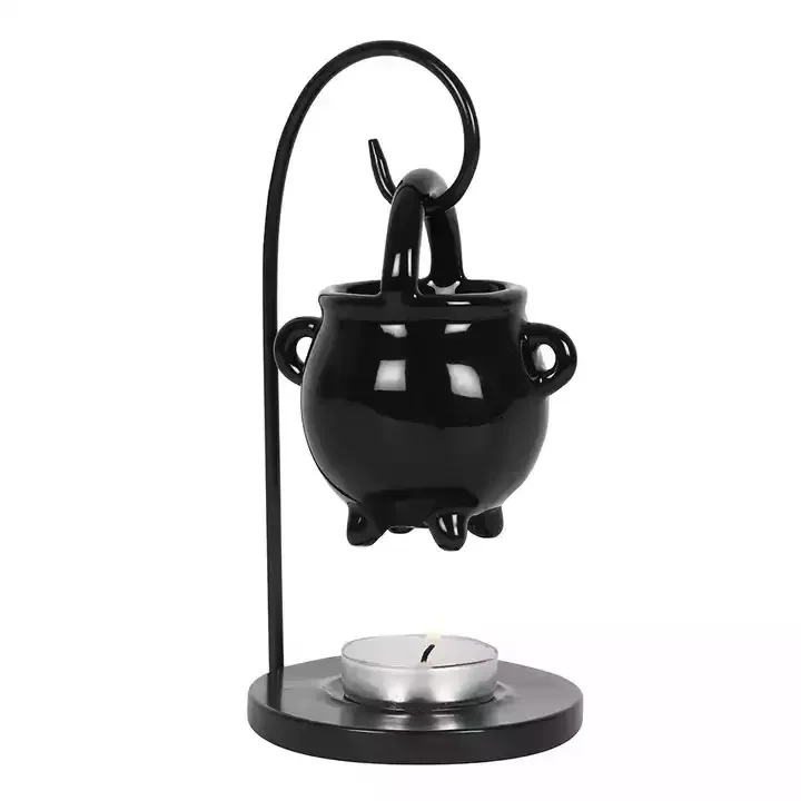 Wholesale Hanging Black Cauldron Shape Ceramic Oil Burner Ceramic Wax Melt Burner With Iron Shelf Aroma Wax Burner.jpg