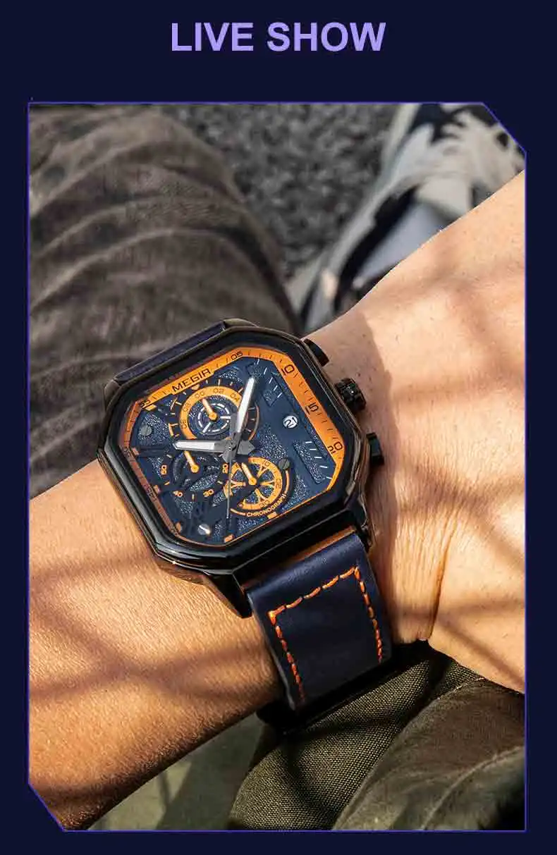 MEGIR 8106 Casual Leather Men's Watches Fashion Square Business Wristwatches Relojes Hombre Luminous Quartz Watches Custom LOGO